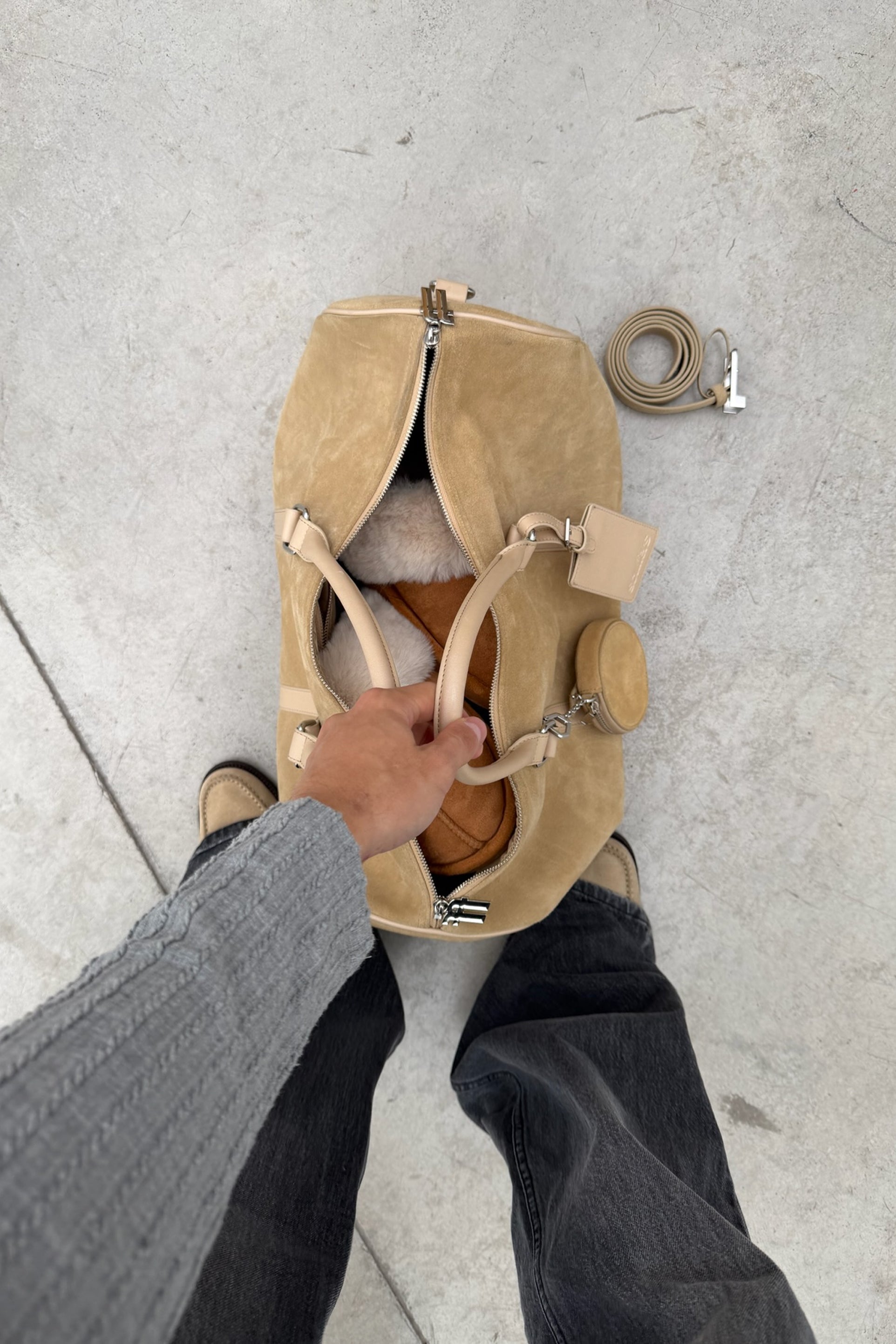 Suede Ecru Duffle Bag